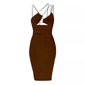 Leau Women's US S Seoul Strap Mesh Bodycon Cutout Midi Dress Brown NWT Fall